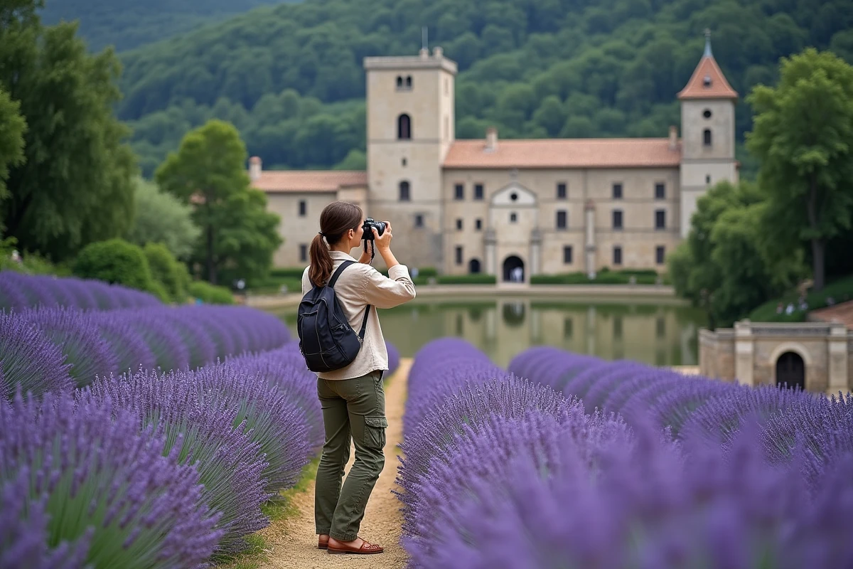 Photographe devant l'abbaye de Sénanque entourée de rangées de lavande en fleur dans le Luberon près de Gordes