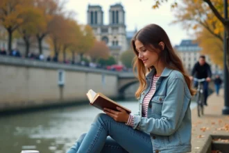 Jeune femme lisant un livre sur les quais de Seine à Paris, profitant d'une activité gratuite en bord de fleuve