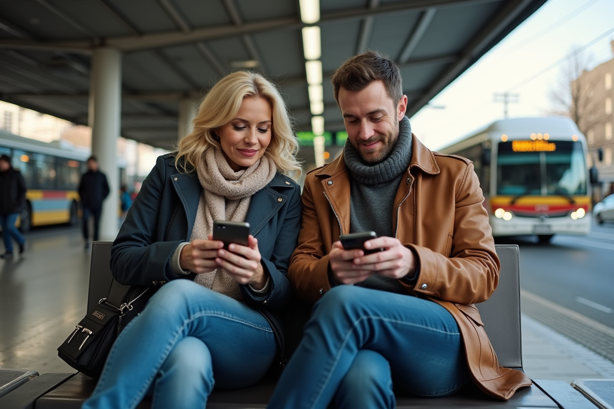 Adulte utilisant une application de covoiturage à la station de bus urbaine