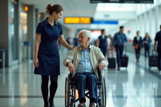 Agent aéroport en uniforme aidant un senior en fauteuil