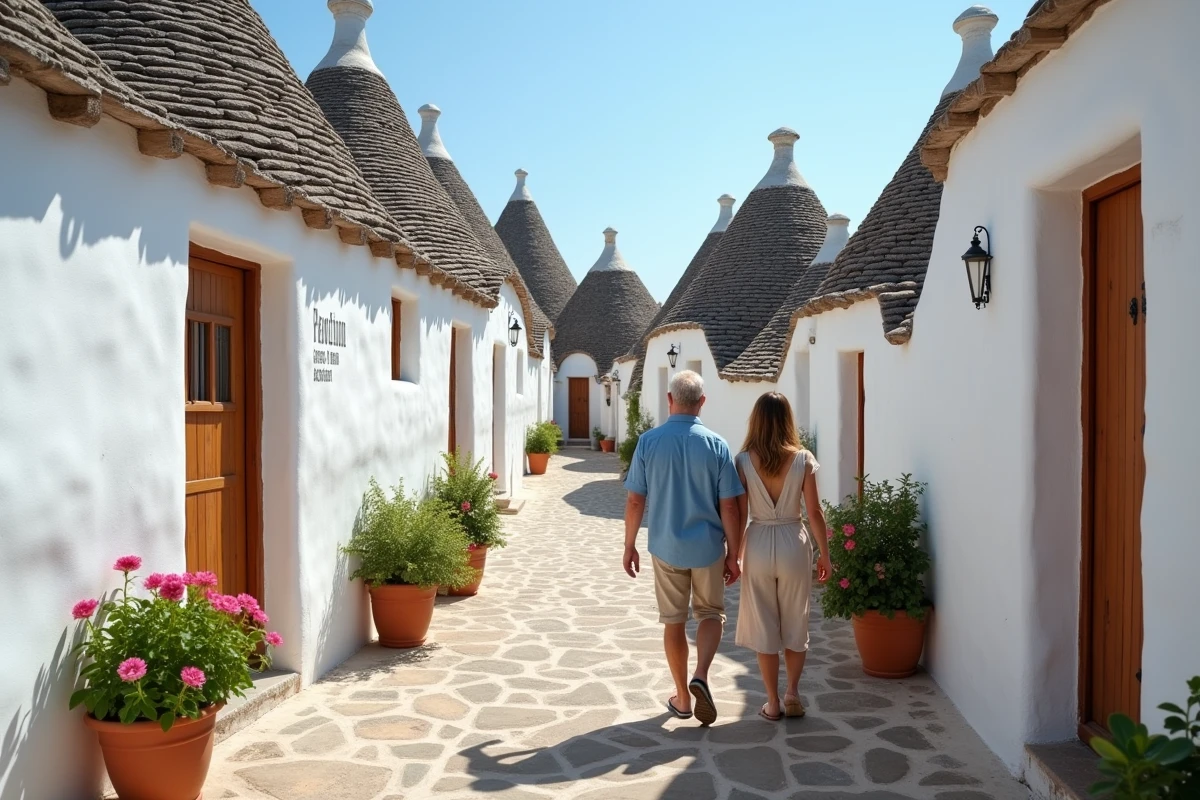 Couple se promenant dans une ruelle blanchie à la chaux d'Alberobello avec les typiques toits en cône des trulli