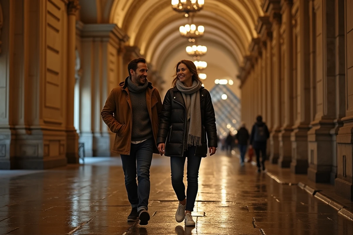 Deux amis riant en se promenant la nuit sous les arcades du Louvre avec la pyramide illuminée au fond