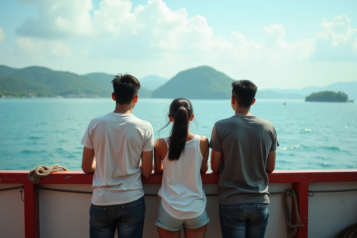 Trois amis filippins sur le pont d