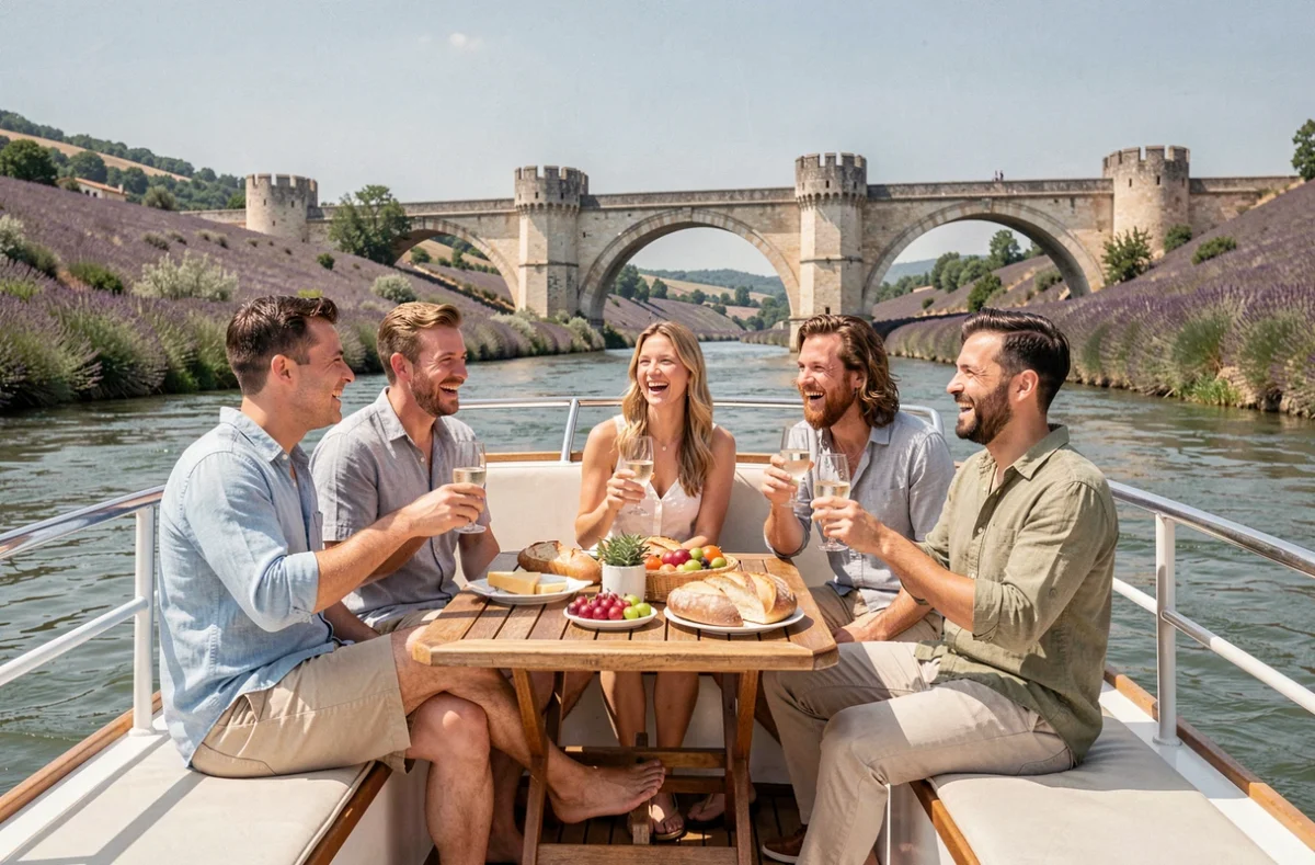 Groupe d'amis profitant d'un pique-nique sur le pont arrière d'un bateau fluvial sans permis en France