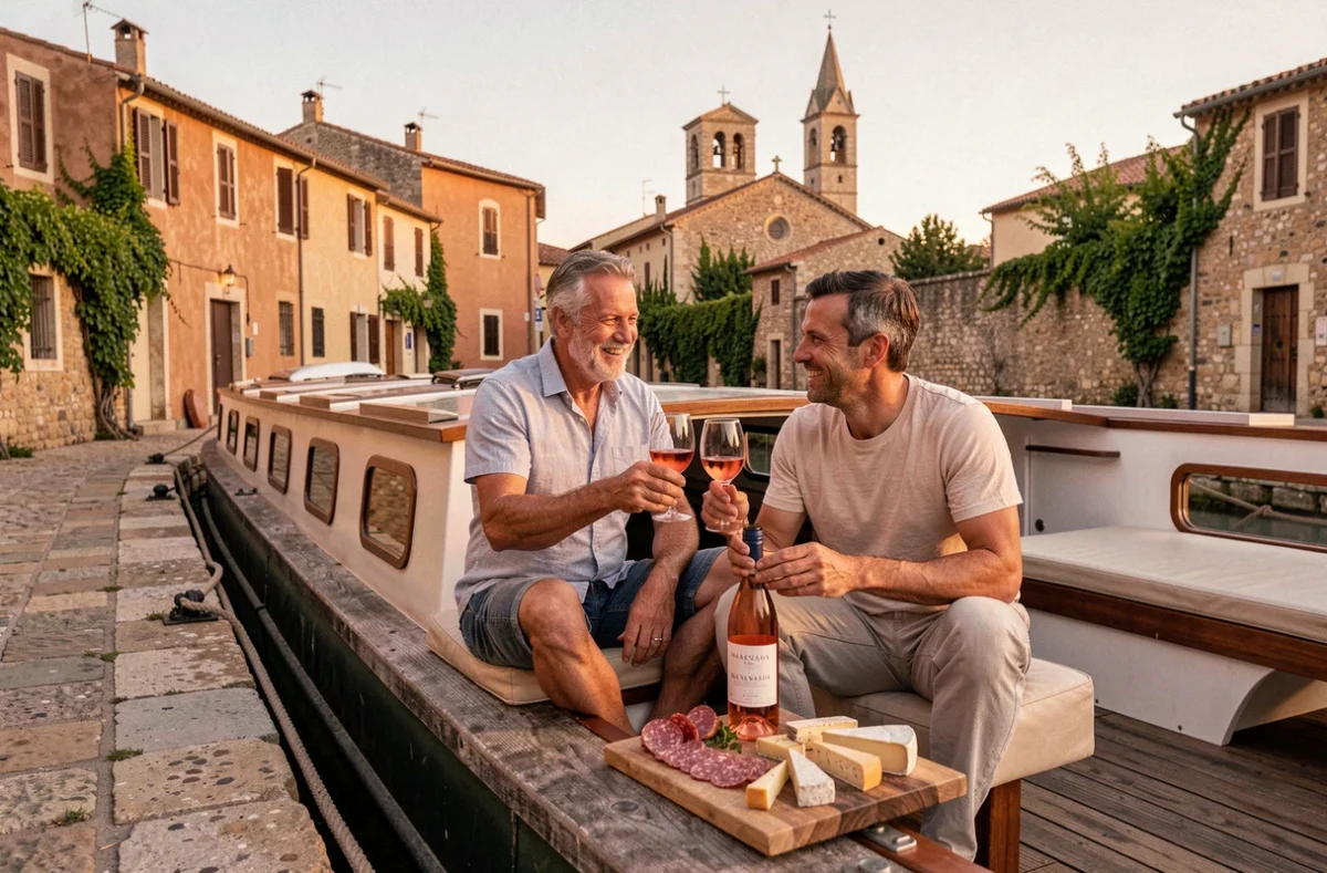 Couple profitant de l'apéritif sur le pont d'une péniche amarrée dans un village du Canal du Midi