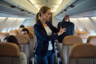Femme plaçant un bagage cabine dans le compartiment supérieur d'un avion Transavia