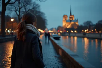 Femme se promenant la nuit sur les quais de Seine à Paris avec Notre-Dame illuminée en arrière-plan