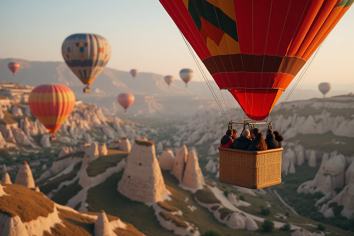 Plusieurs ballons colorés survolant la vallée de Goreme