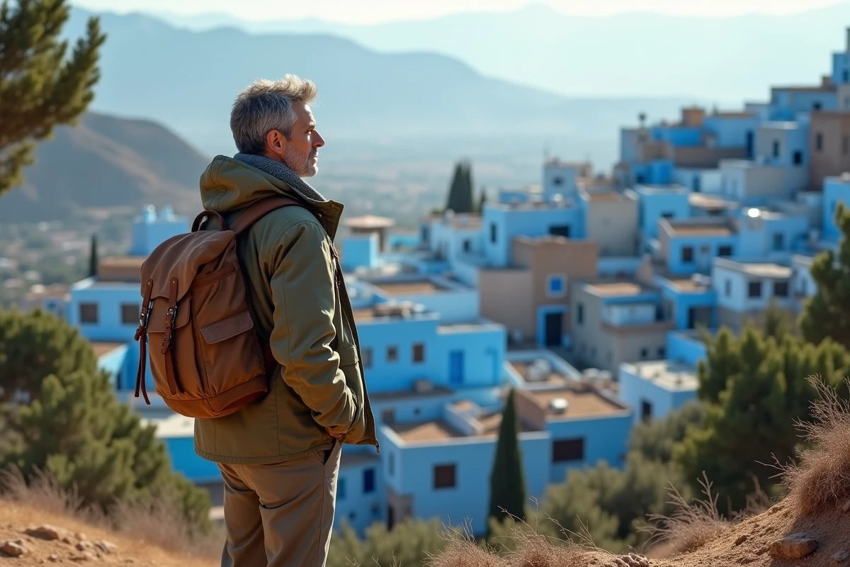 Voyageur solitaire admirant la vue panoramique sur la ville bleue de Chefchaouen et les montagnes du Rif en février depuis un belvédère rocheux