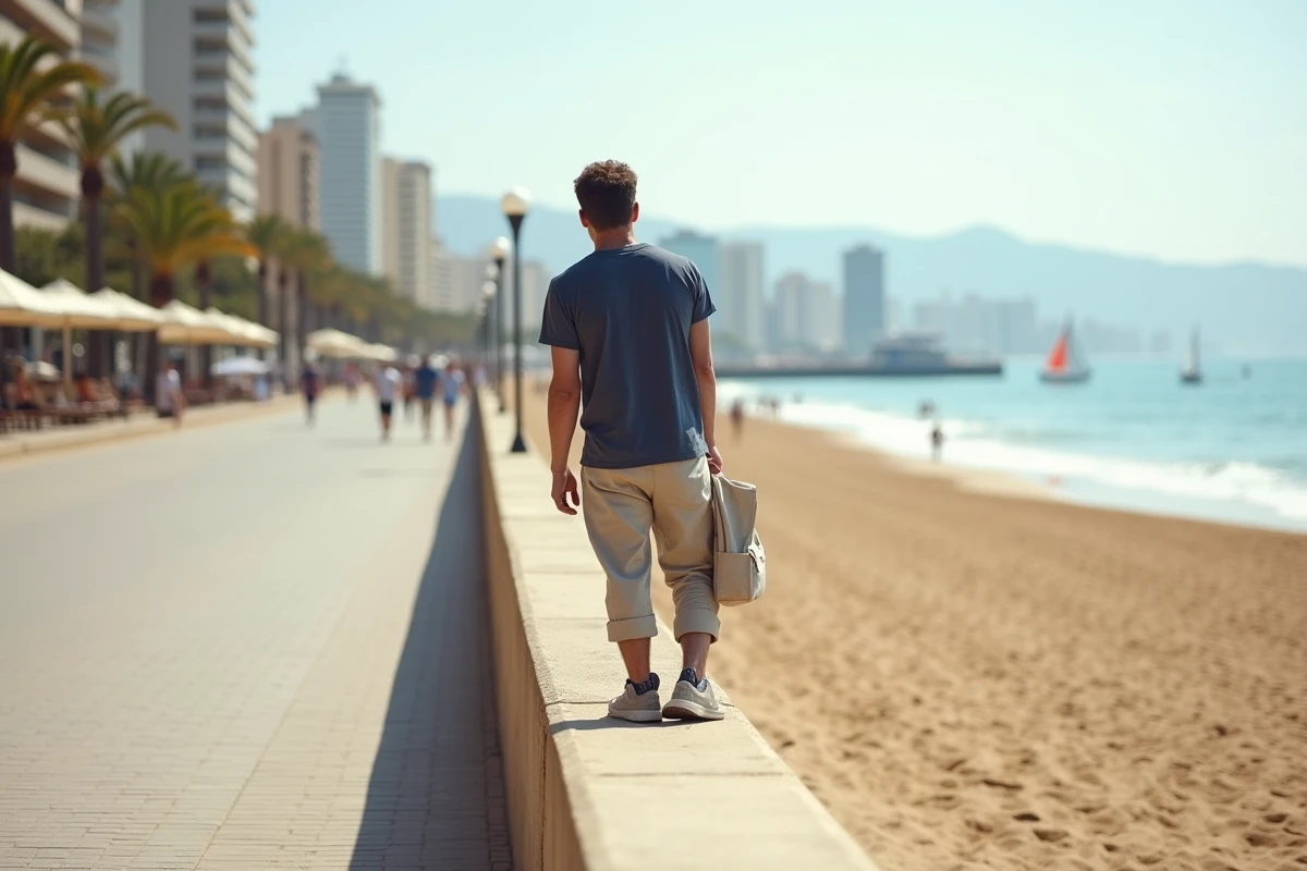 Homme appuyé sur le bord de mer de Malaga sur le Paseo Maritimo avec plage et hôtels en arrière-plan