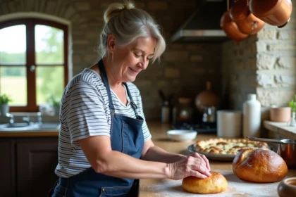 Femme bretonne préparant un kouign amann dans sa cuisine rustique