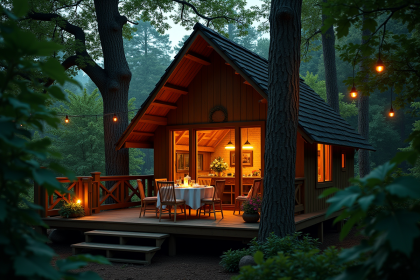 Cabane dans les arbres éclairée au crépuscule avec table romantique