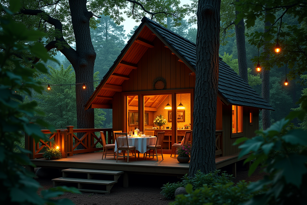 Cabane dans les arbres éclairée au crépuscule avec table romantique