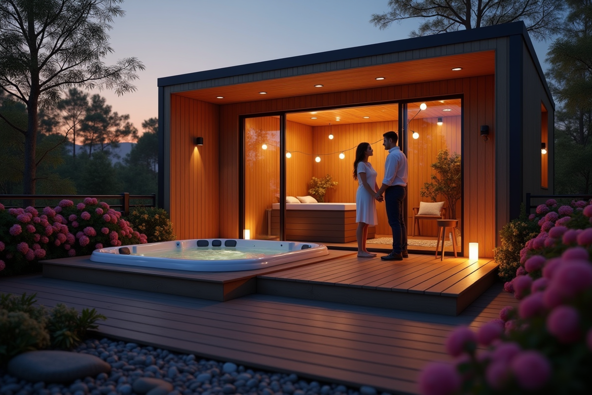 Cabane moderne avec jacuzzi extérieur entourée de fleurs au crépuscule