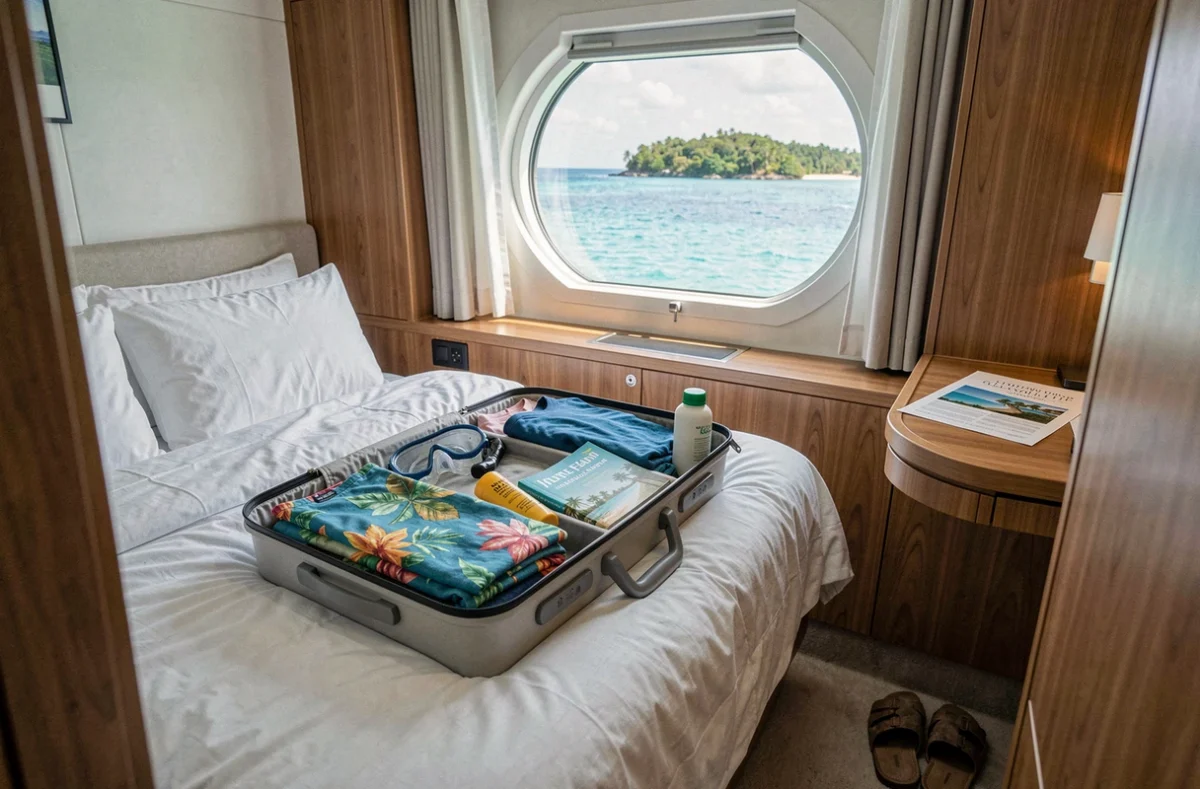 Cabine de croisière avec valise préparée pour une excursion en Guadeloupe et vue sur la mer des Caraïbes par le hublot