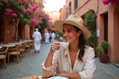 Femme en tenue légère sirotant un thé à la menthe sur une terrasse de café à Marrakech en février, entourée de murs en terracotta et de bougainvilliers en fleurs