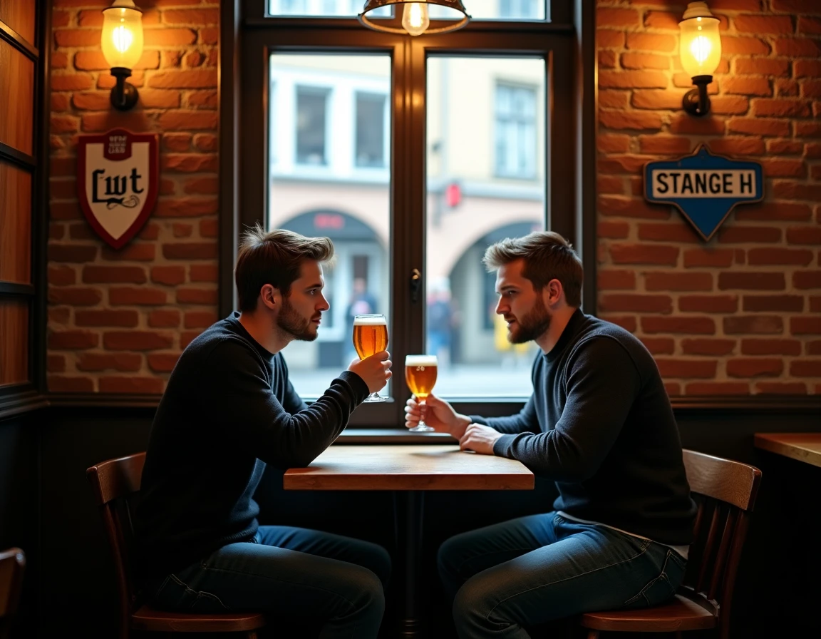 Homme dégustant une bière belge dans un café traditionnel de Gand avec vue sur les pavés du centre historique