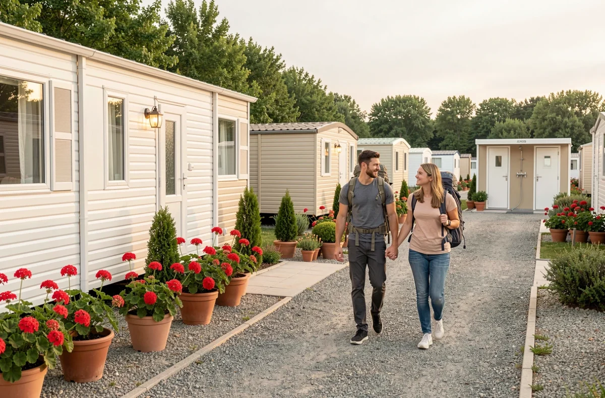 Allée du Camping Le Beau Village de Paris avec mobil-homes et couple se promenant
