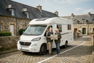 Camping-car stationné sur une aire dédiée à Guingamp avec un couple consultant une carte devant des bâtiments bretons en pierre