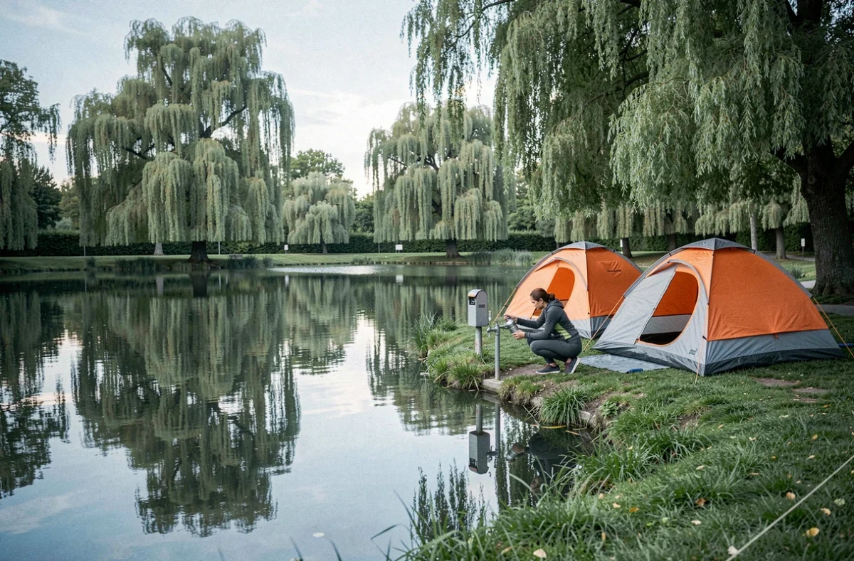 Camping de l'Étang en Essonne avec tentes au bord d'un plan d'eau calme et reflets de saules