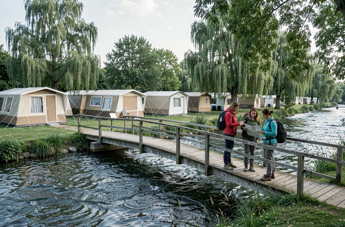 Camping du Parc de la Rivière en Essonne avec tentes longeant une rivière et pont en bois
