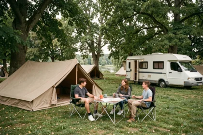 Vue d'ensemble d'un camping familial en Essonne avec tentes et caravane dans un cadre verdoyant