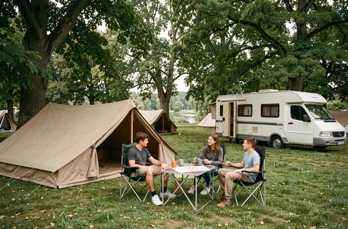 Vue d'ensemble d'un camping familial en Essonne avec tentes et caravane dans un cadre verdoyant