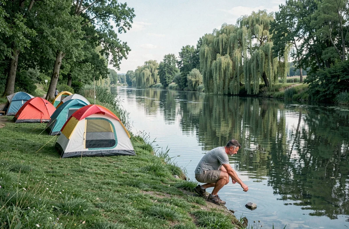Camping de l'Île de Boulancourt avec tentes colorées au bord de la rivière en Essonne