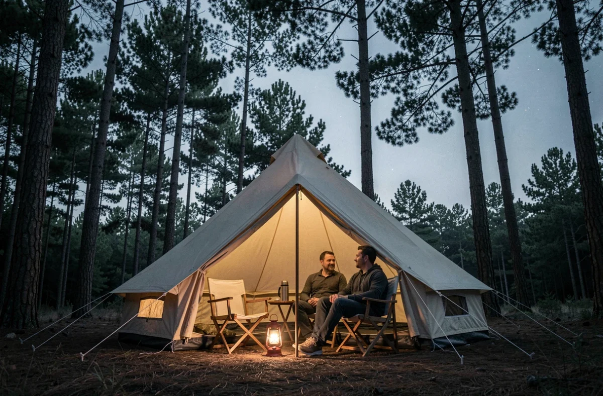 Camping La Belle Étoile en Essonne avec couple assis devant une tente cloche sous un ciel étoilé