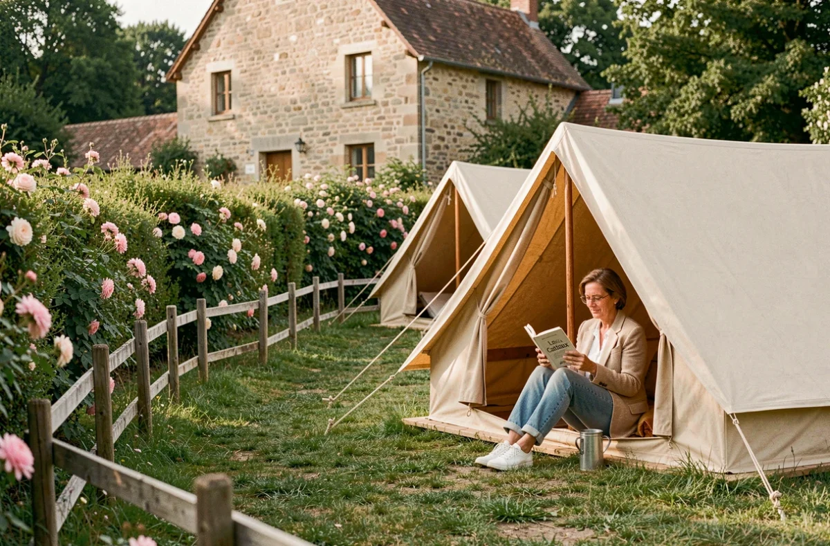 Camping Le Cattiaux en Essonne avec tentes sur pelouse et bâtisse en pierre en arrière-plan