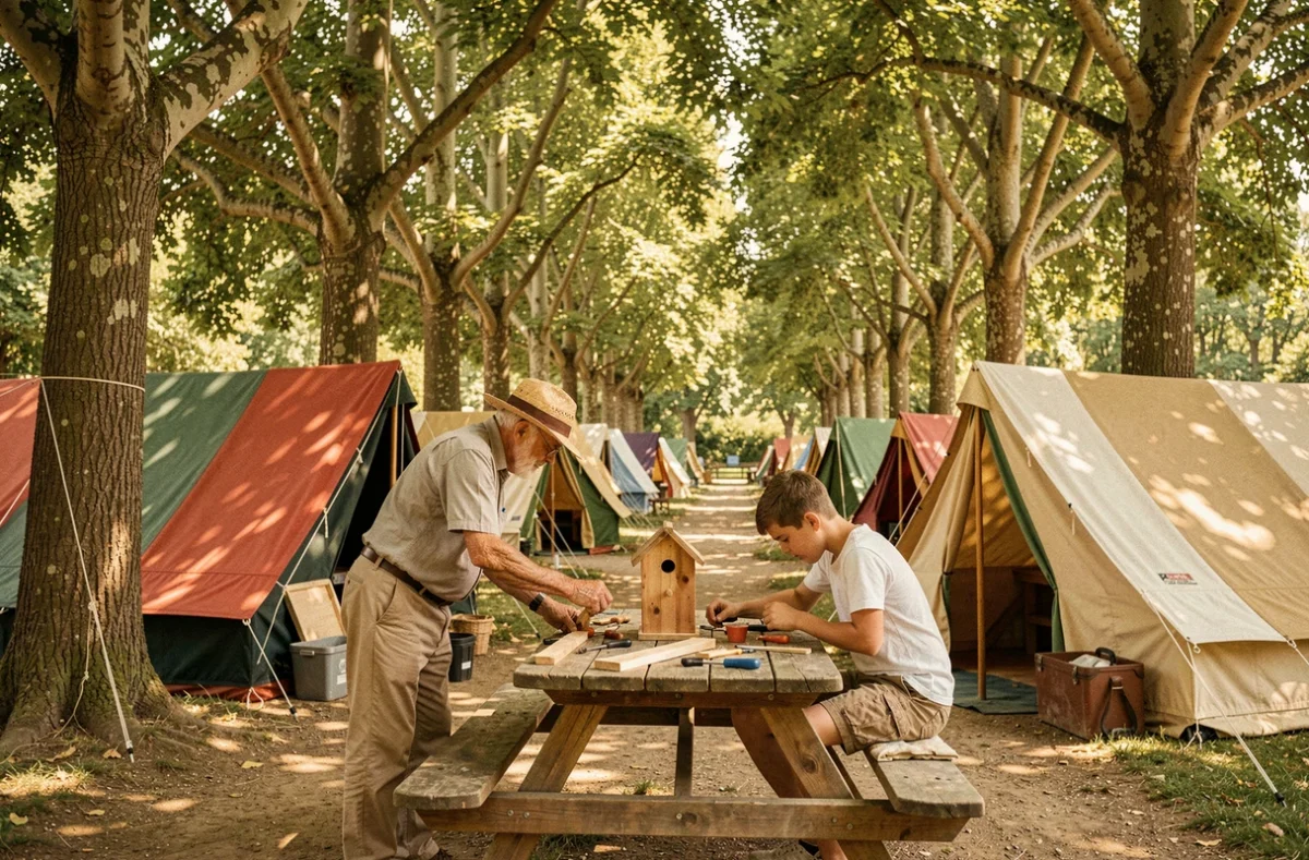Camping Le Petit Robinson en Essonne avec grand-père et adolescent fabriquant un nichoir sous les châtaigniers