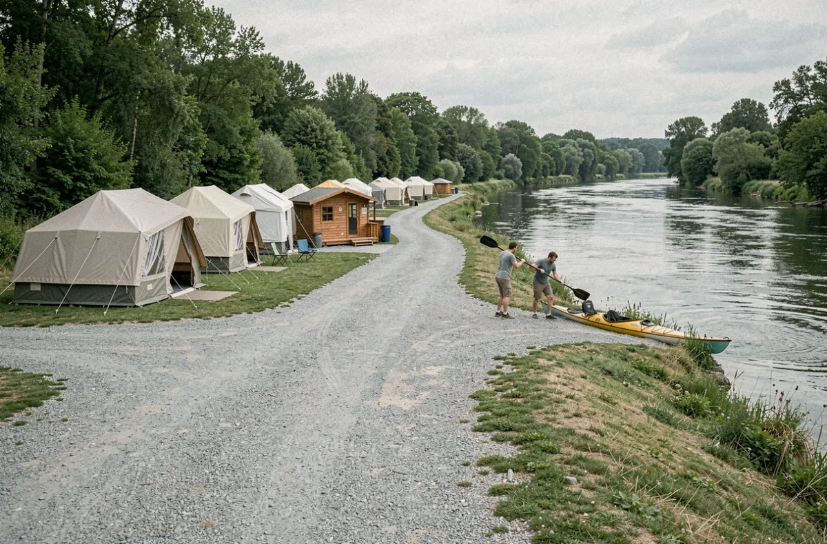 Camping Les Berges de l'Essonne avec tentes et glamping cabin au bord de la rivière et kayakistes