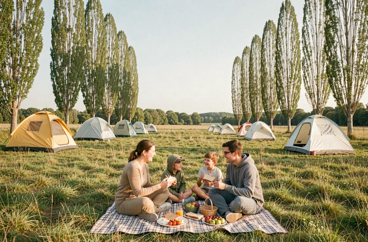 Camping Les Prés en Essonne avec famille en pique-nique dans un champ herbeux bordé de peupliers