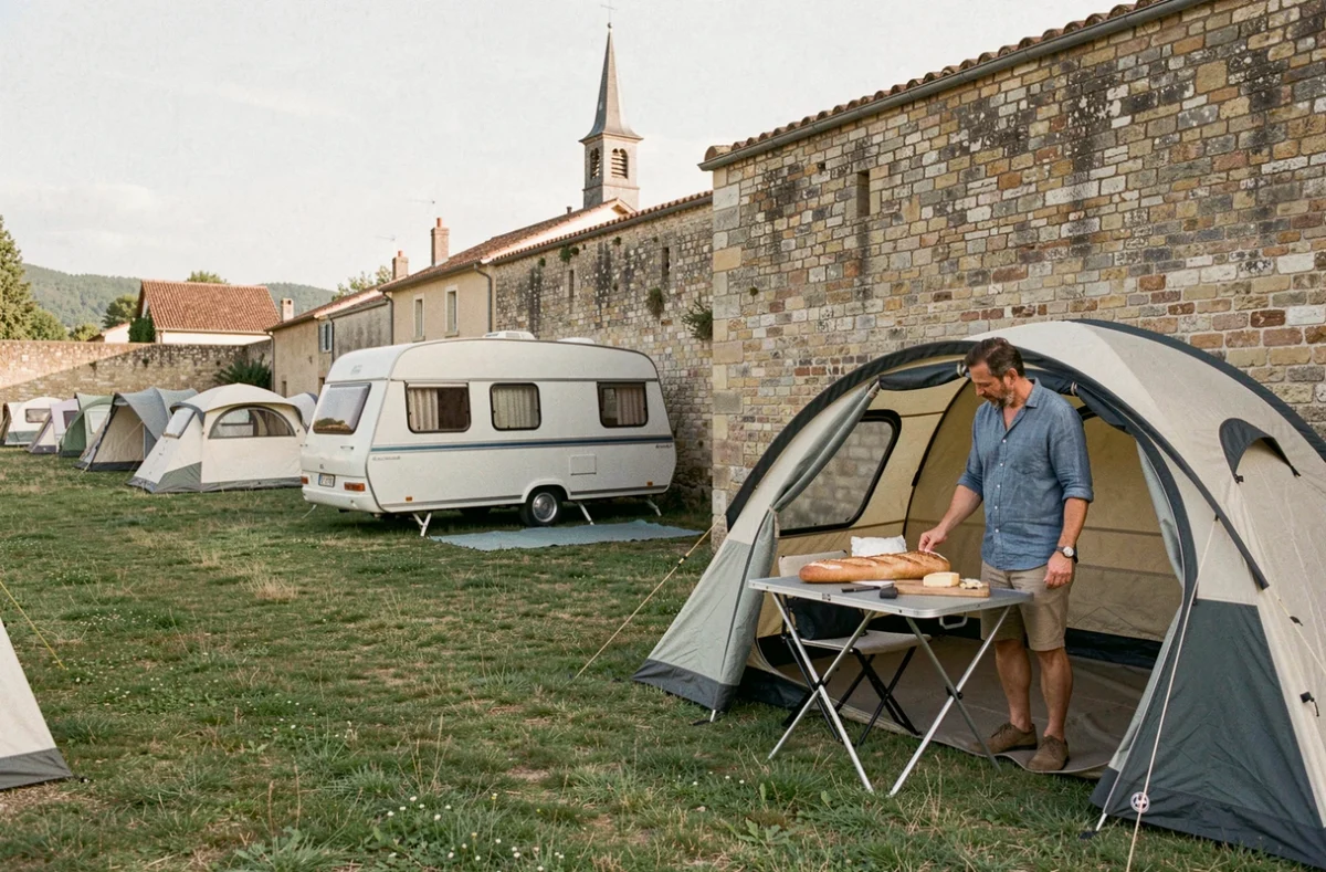 Camping Municipal de Saint-Chéron avec tentes près d'un mur en pierre et clocher du village visible