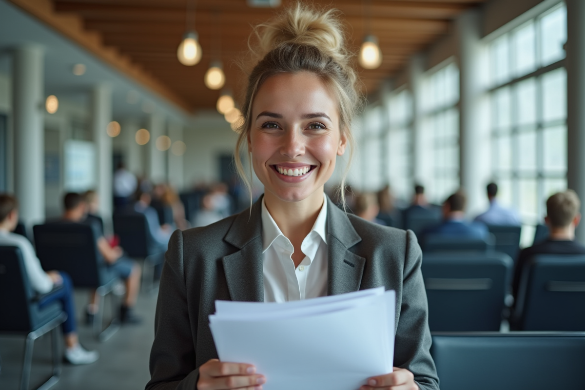 Candidat souriant organisant ses documents dans une salle d