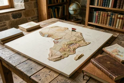 Carte en relief de l'Afrique posée sur une table en bois avec un repère sur le Sénégal dans un bureau de géographe rustique