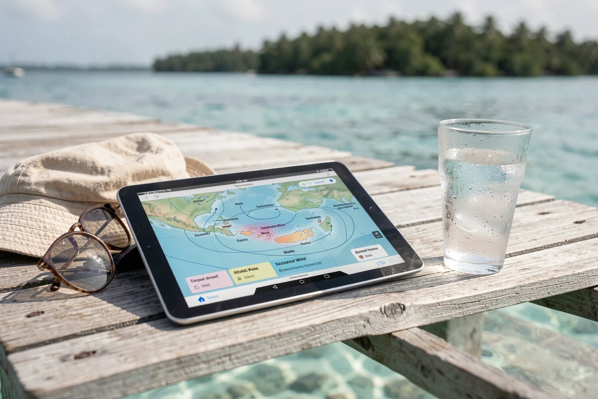 Tablette affichant une carte climatique des Maldives posée sur un ponton en bois au-dessus d'un lagon turquoise