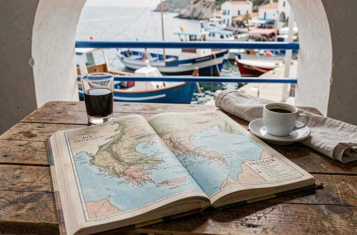 Atlas de voyage vintage ouvert sur une carte de la Grèce montrant la Crète comme grande île, posé sur une table en bois dans un café de port crétois