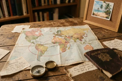 Carte du monde ouverte sur une table en bois avec les Maldives encerclées, notes de voyage saisonnières et boussole vintage