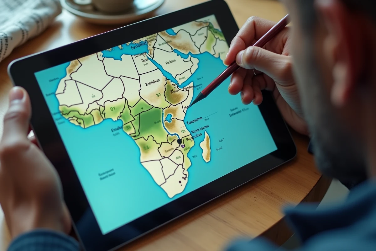 Carte numérique interactive du Sénégal avec distances entre villes consultée sur tablette dans un café à Dakar