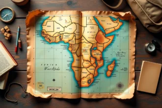 Carte routière du Sénégal dépliée sur une table en bois avec boussole et notes de voyage manuscrites