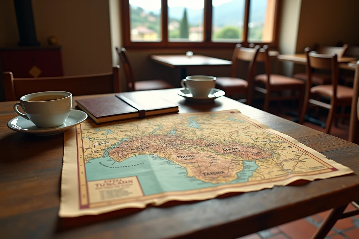 Carte vintage de la Toscane sur une table en bois montrant la localisation de Sienne et Florence en Italie