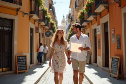 Couple se promenant dans une rue piétonne du centre historique de Malaga avec balcons fleuris et bars à tapas
