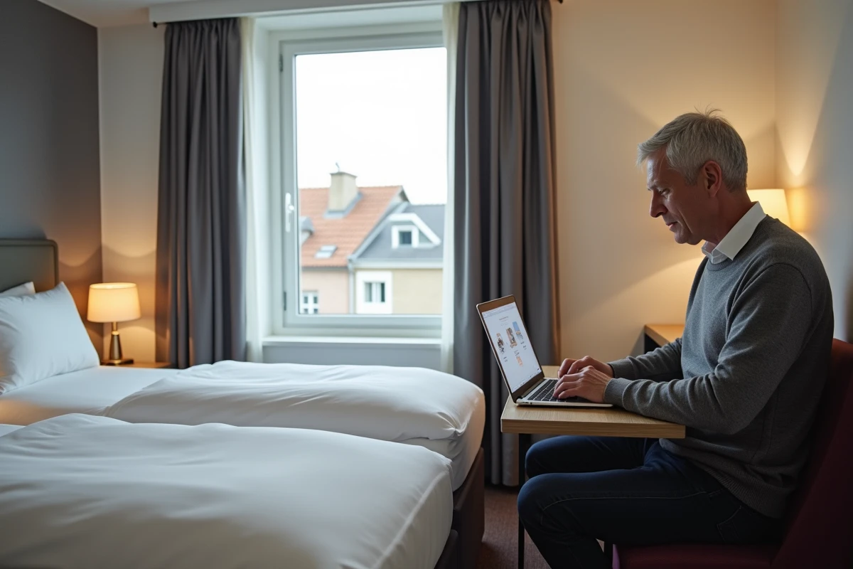Voyageur comparant les prix de l'hôtel ibis Fécamp sur son ordinateur dans une chambre standard