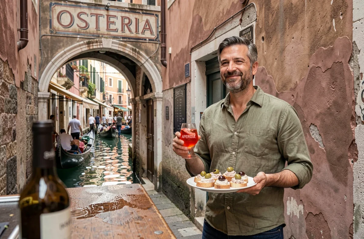 Homme dégustant des cicchetti et un Spritz dans un bacaro typique près du marché du Rialto à Venise