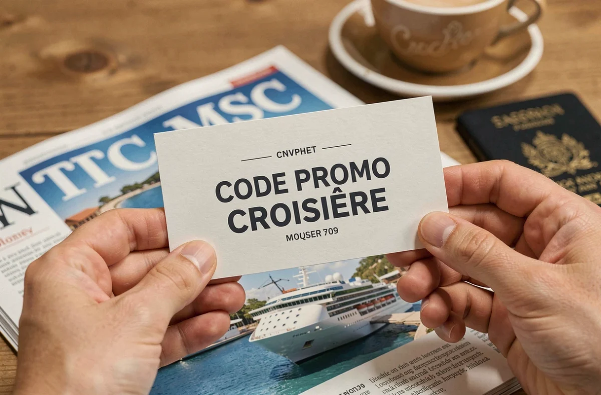 Code promo croisière MSC imprimé posé sur une brochure de voyage