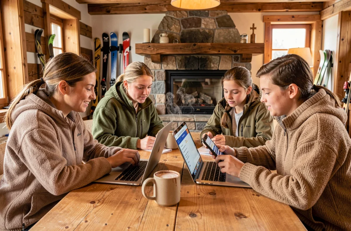 Famille comparant des offres de forfaits ski économiques sur ordinateur dans un chalet de montagne