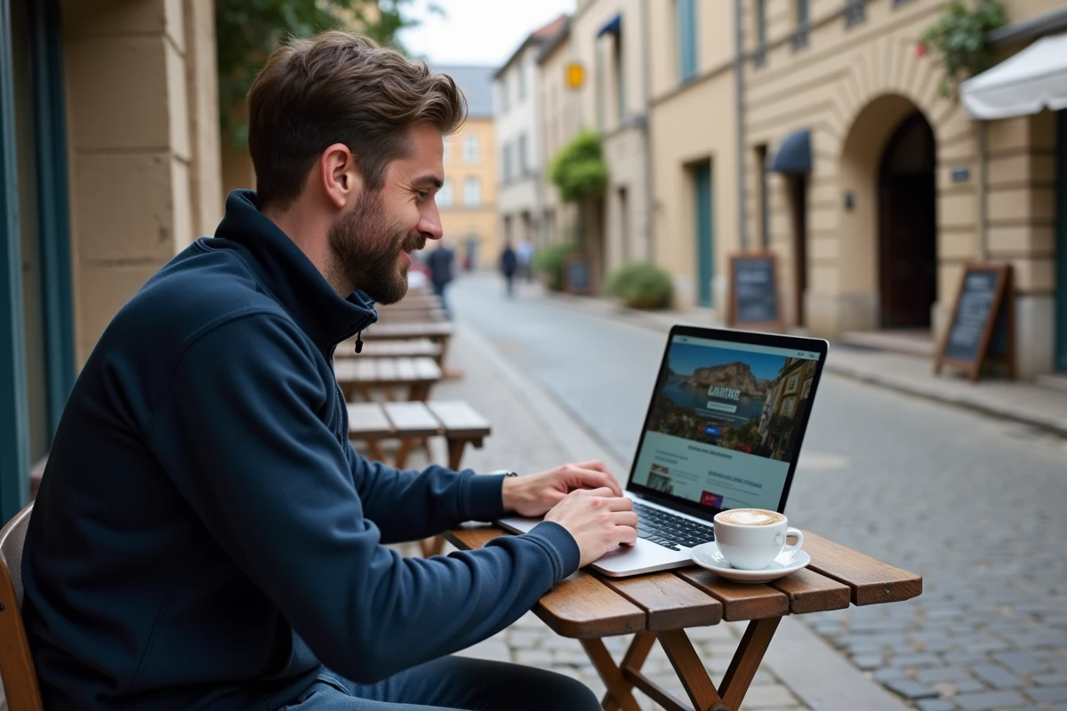 Homme consultant le site ot-guerande.fr sur un ordinateur portable dans un café du centre historique de Guérande