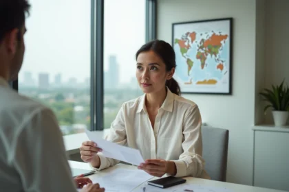 Femme consultant un conseiller en visa médical dans un bureau moderne avant une opération chirurgicale à l'étranger