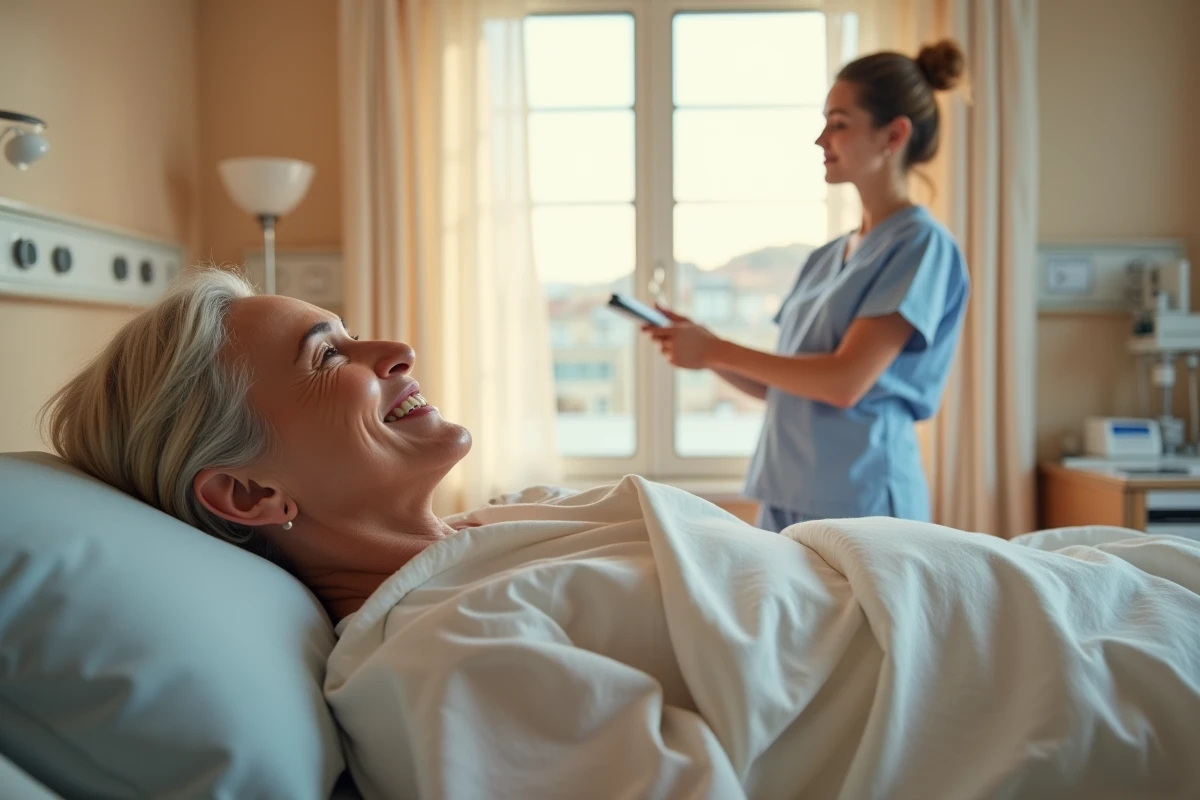 Patiente en convalescence dans une chambre d'hôpital privé à l'étranger après une opération chirurgicale réussie